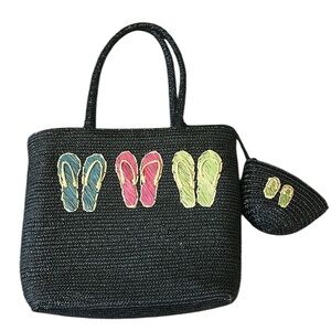 Straw Woven Black Beach Summer Large Tote with Flip Flops design + small bag